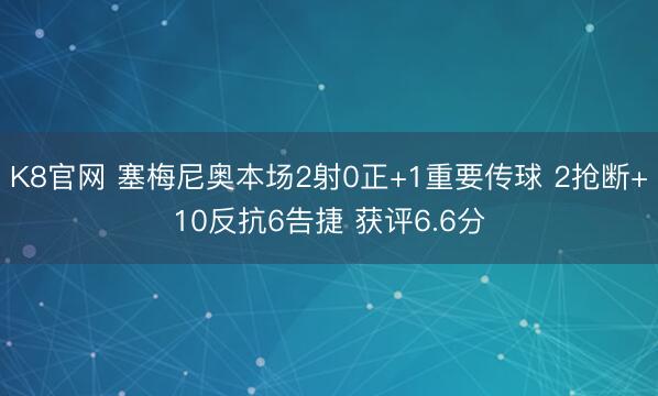 K8官网 塞梅尼奥本场2射0正+1重要传球 2抢断+10反抗6告捷 获评6.6分